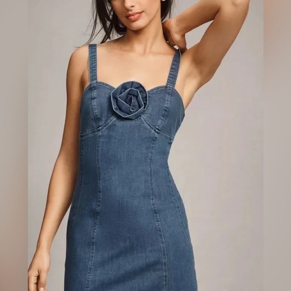 Porridge Denim Mini Dress Women‎ Small Blue EUC Floral Rosette Anthropologie